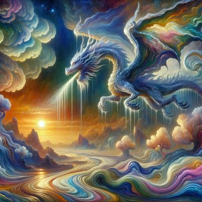 The primary subject of the image is a dragon, which is the main focus of the scene. The dragon is depicted in a colorful and vibrant manner, with its body and wings painted in various shades of blue, pink, and yellow. The dragon is situated in a surreal landscape, surrounded by a mix of clouds, water, and mountains. The setting appears to be a fantasy world, with the dragon flying through the sky. The visual style of the image is a combination of digital art and